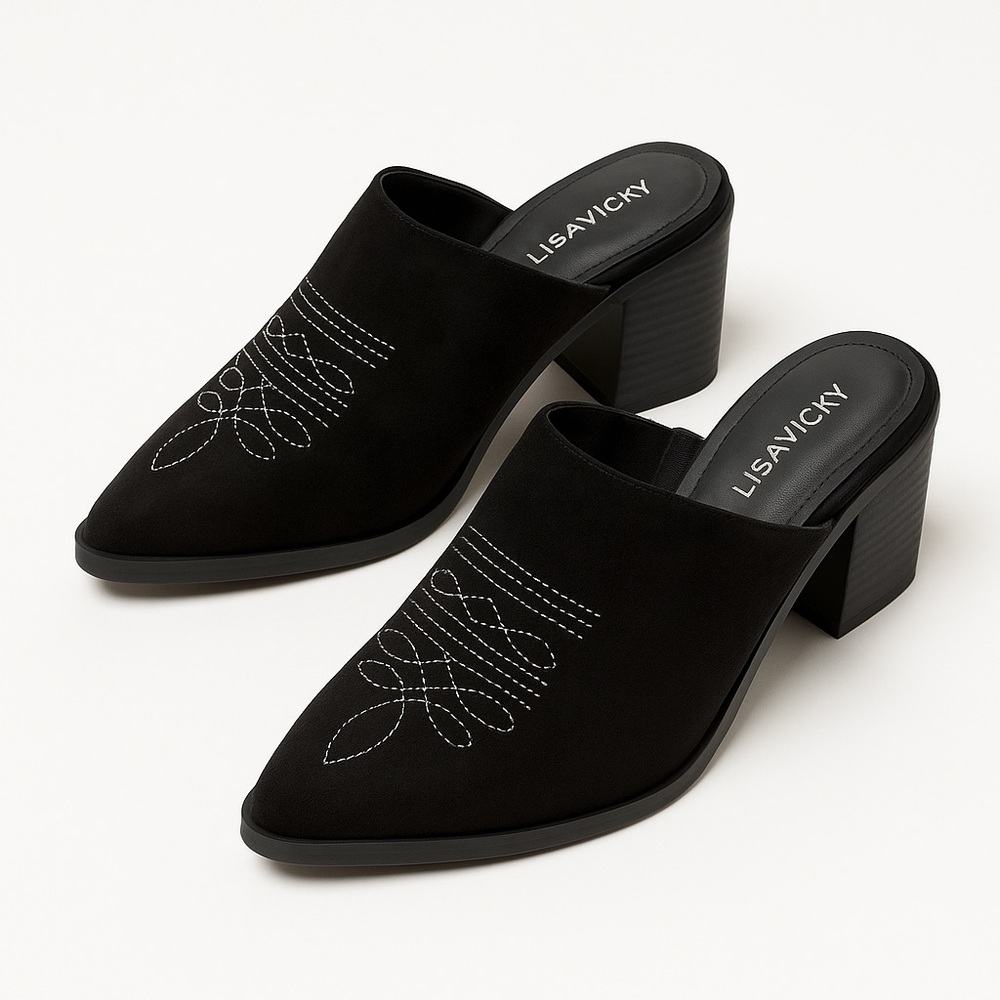 Lisa Vicky Black Women's Mules with Embroidered Western Design - NWT - Size 7.5